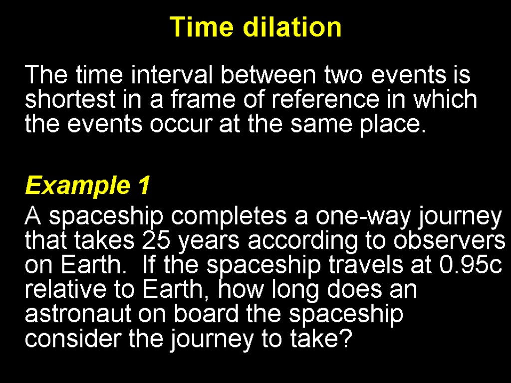 Time dilation The time interval between two events is shortest in a frame of